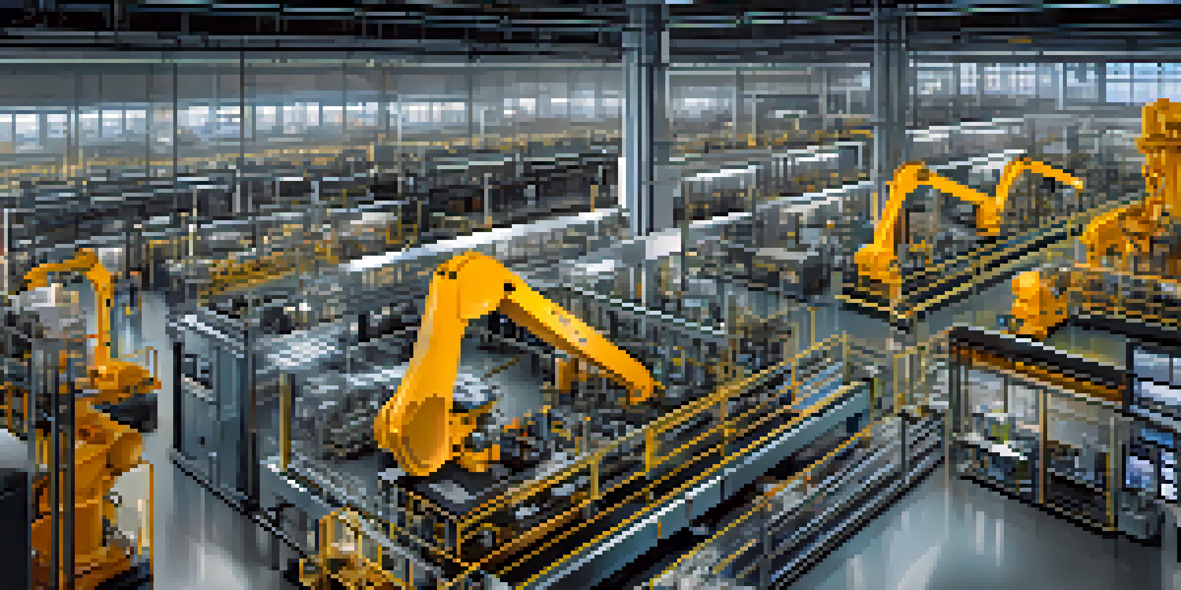 A modern manufacturing plant with machinery, production lines, and real-time data displays illuminated by soft lighting.