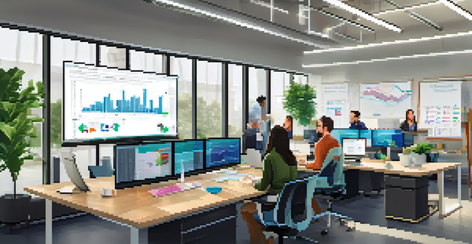 A diverse team working together in a modern office, engaging with data visualizations on their laptops and discussing strategies.