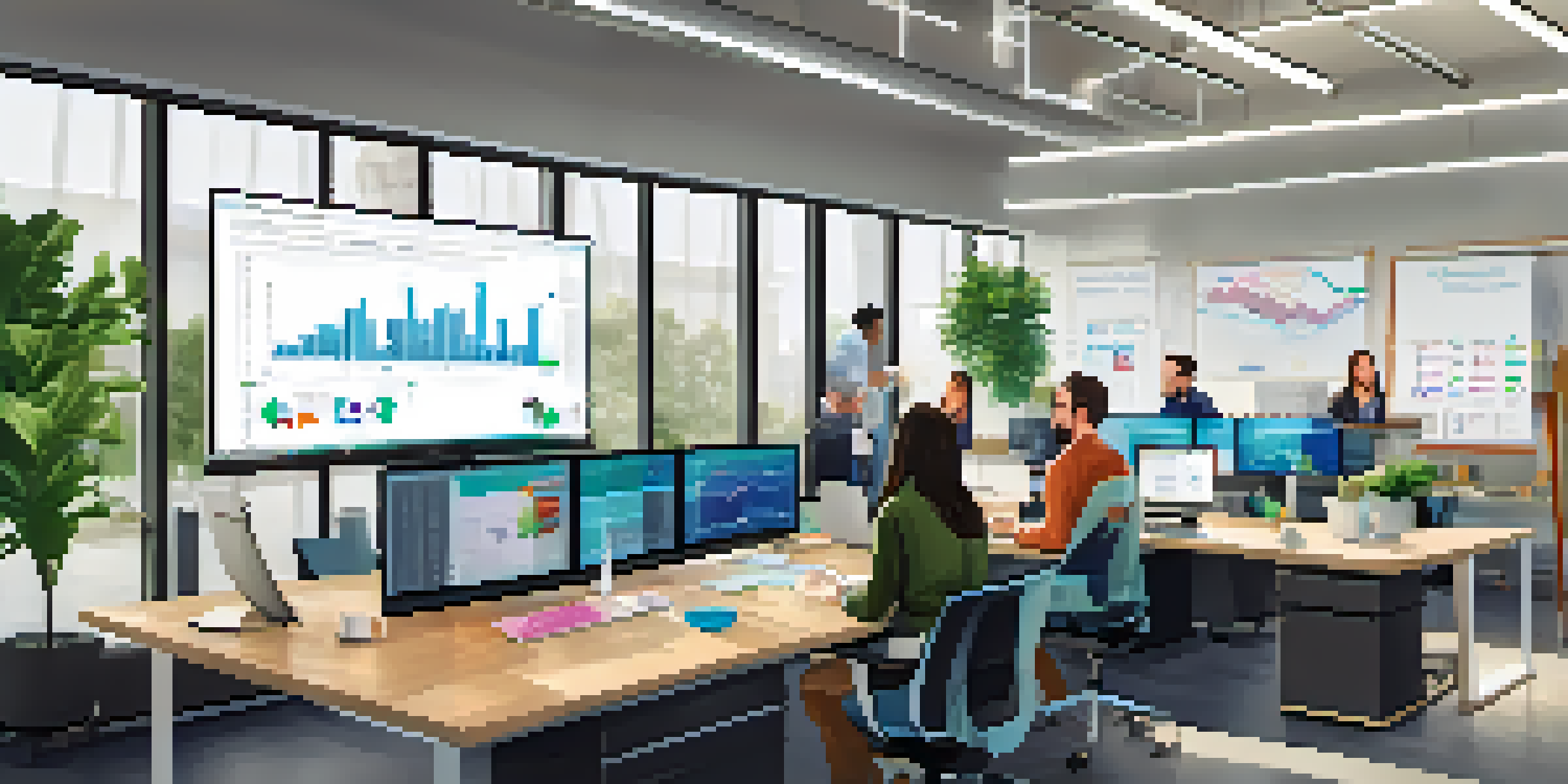 A diverse team working together in a modern office, engaging with data visualizations on their laptops and discussing strategies.
