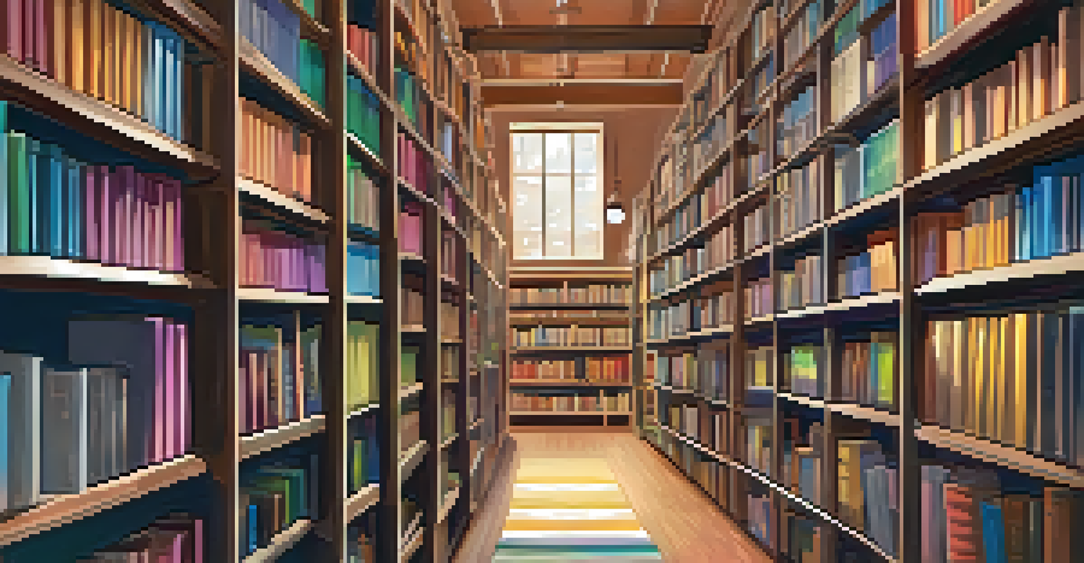 An illustrated digital library with organized shelves of digital assets, featuring a user searching on a tablet in a warm-lit environment.