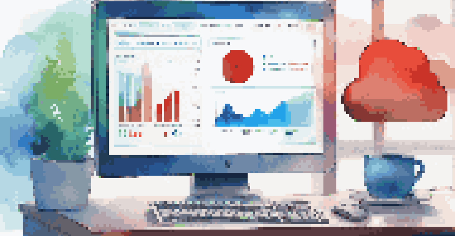 Close-up of a computer screen showing a cloud security dashboard with colorful graphs and alerts, minimalistic workspace with a coffee cup.