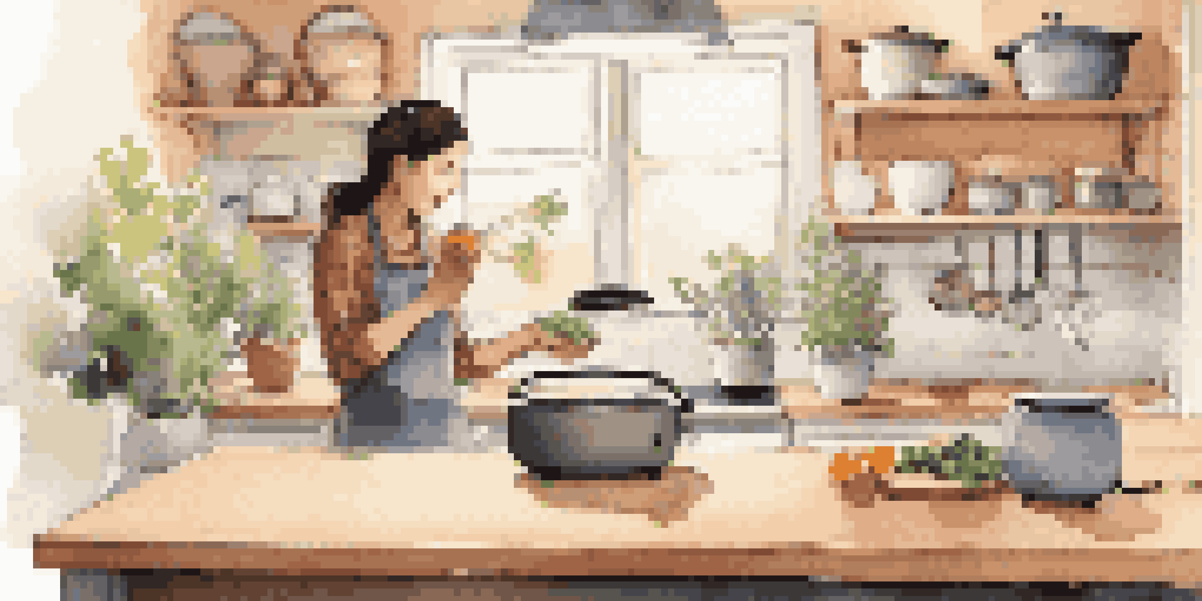 A person in a cozy kitchen asking a smart speaker for a recipe, with warm lighting and a variety of cooking ingredients around them.