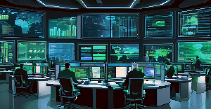A modern cybersecurity operations room with professionals analyzing multiple monitors showing data analytics and threat alerts in a blue and green lit environment.
