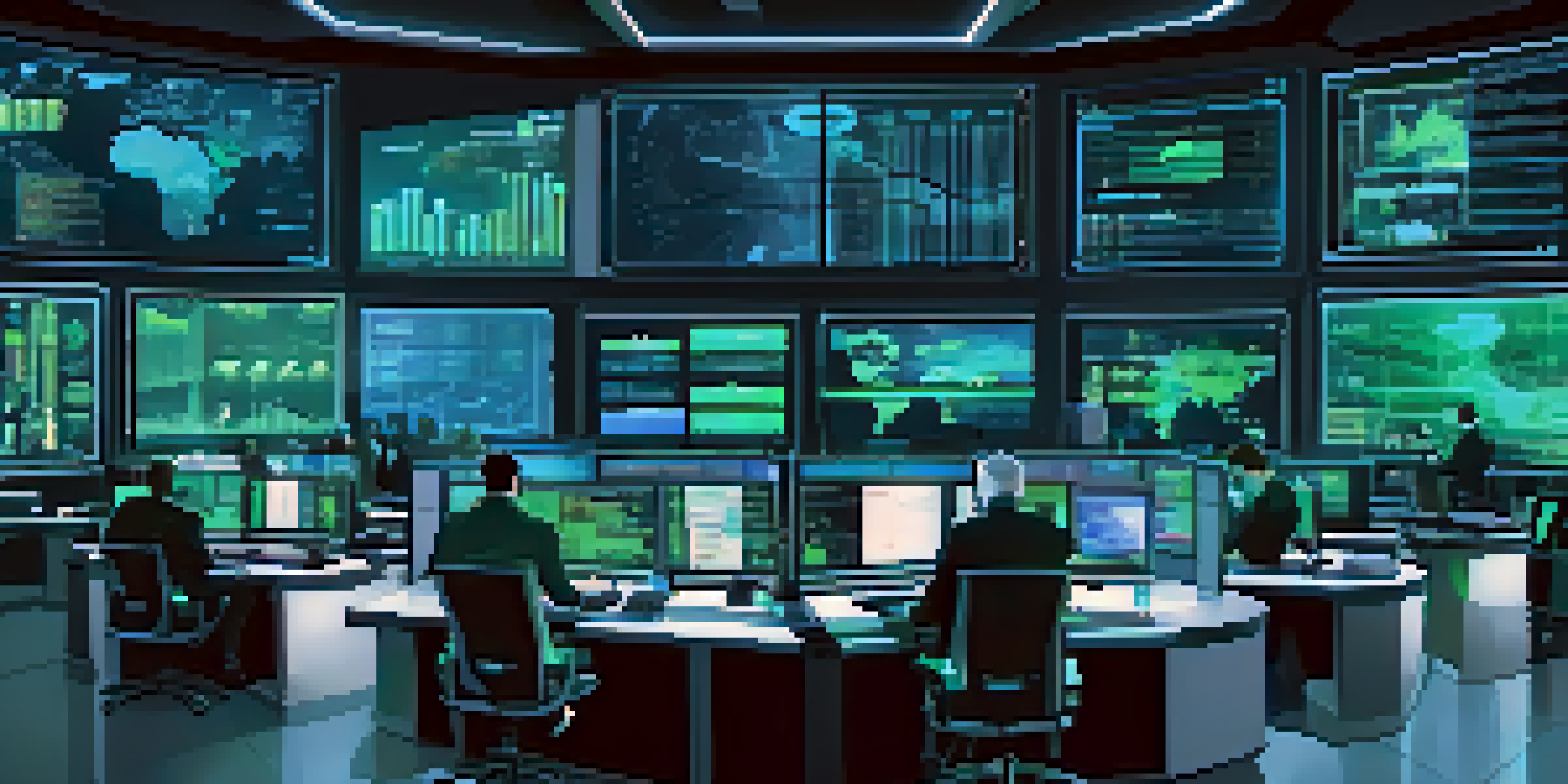 A modern cybersecurity operations room with professionals analyzing multiple monitors showing data analytics and threat alerts in a blue and green lit environment.