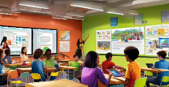 A lively classroom with diverse students engaged in collaborative learning around digital devices, displaying excitement and teamwork.