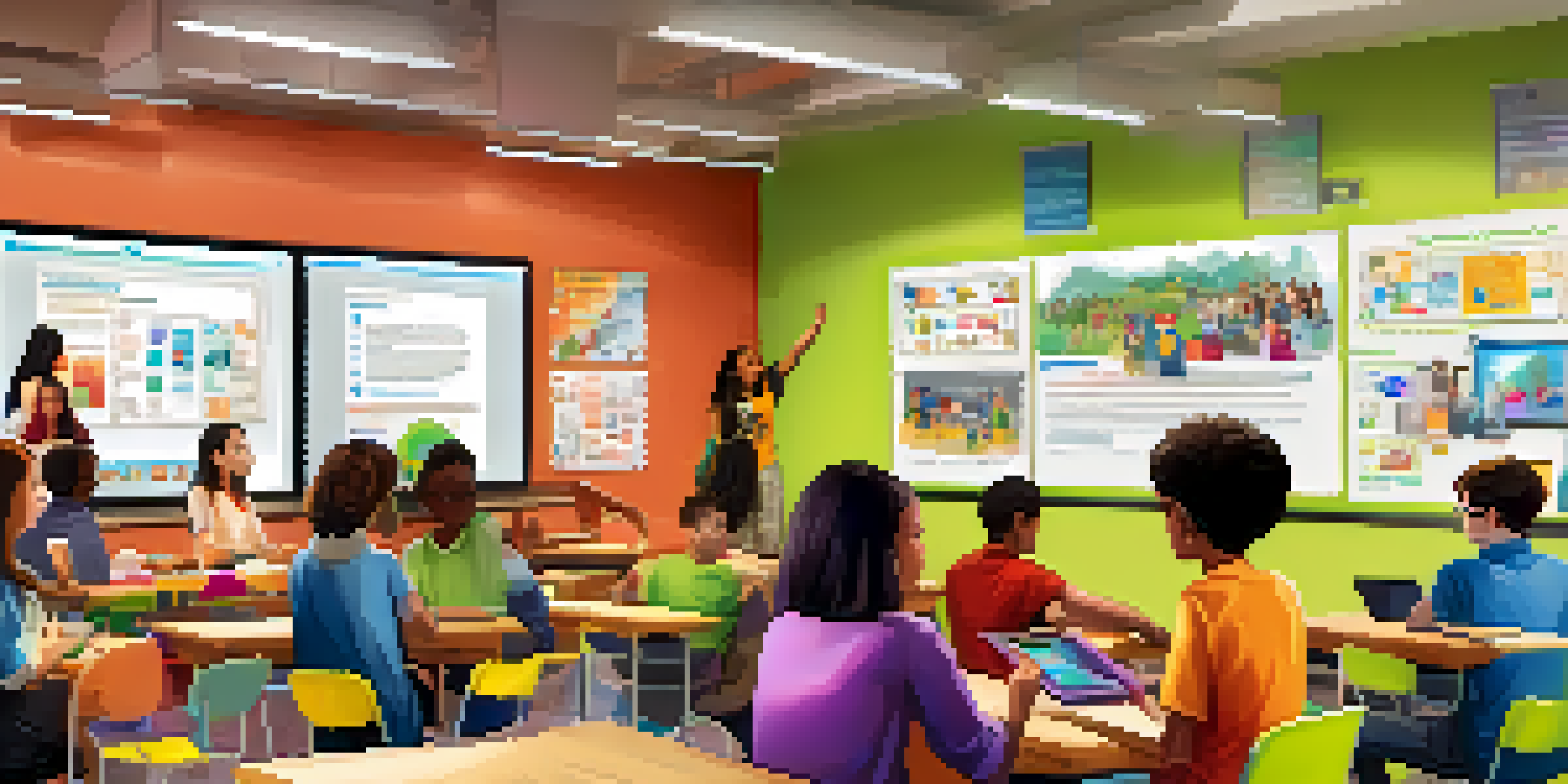 A lively classroom with diverse students engaged in collaborative learning around digital devices, displaying excitement and teamwork.