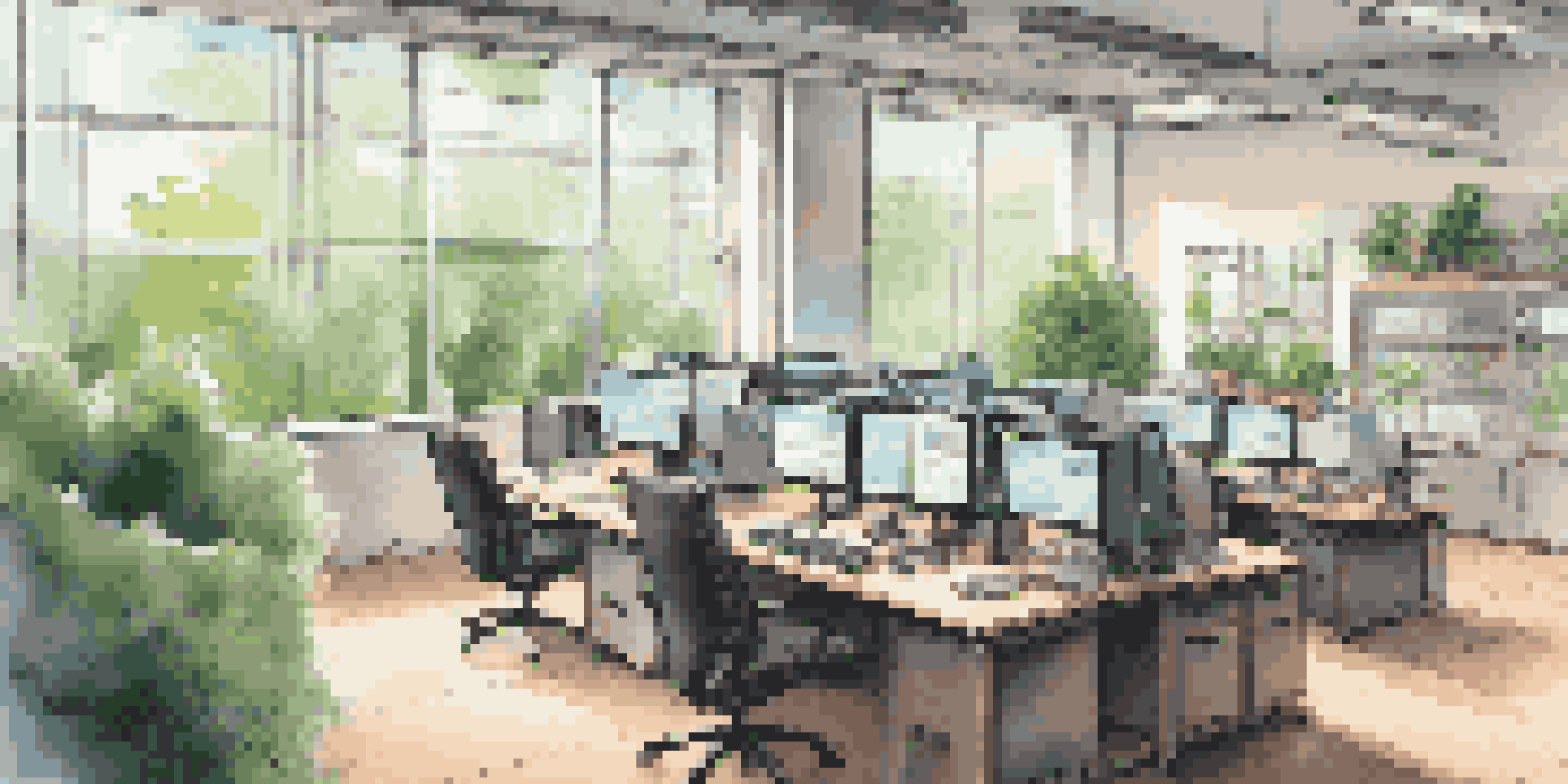A bright modern office with computer screens showing virtual machine interfaces and greenery outside the windows, exuding a calm atmosphere.