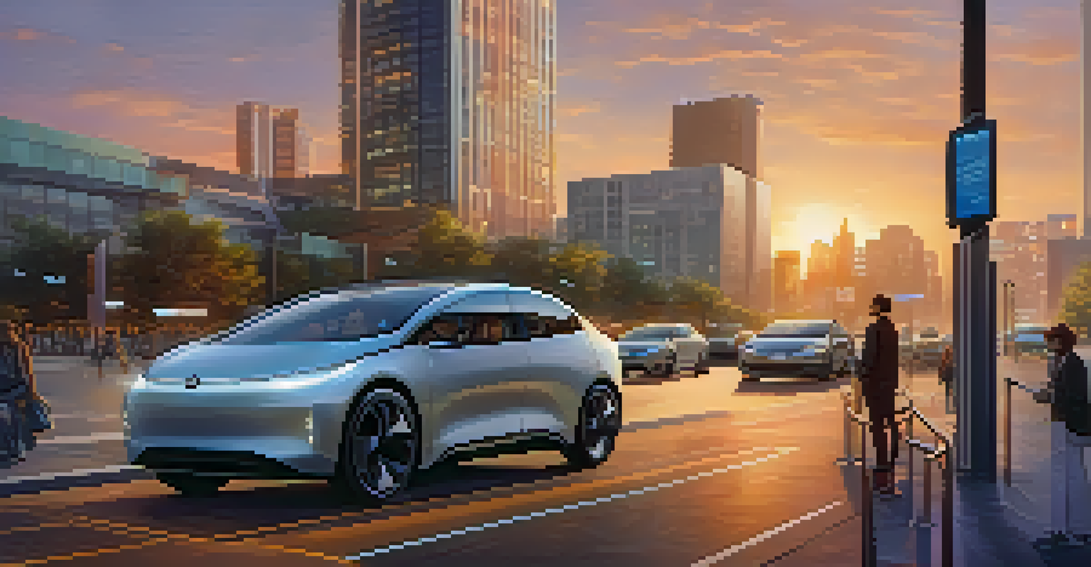 A connected vehicle parked in a futuristic smart city, with buildings and pedestrians, illuminated by warm sunset lighting.