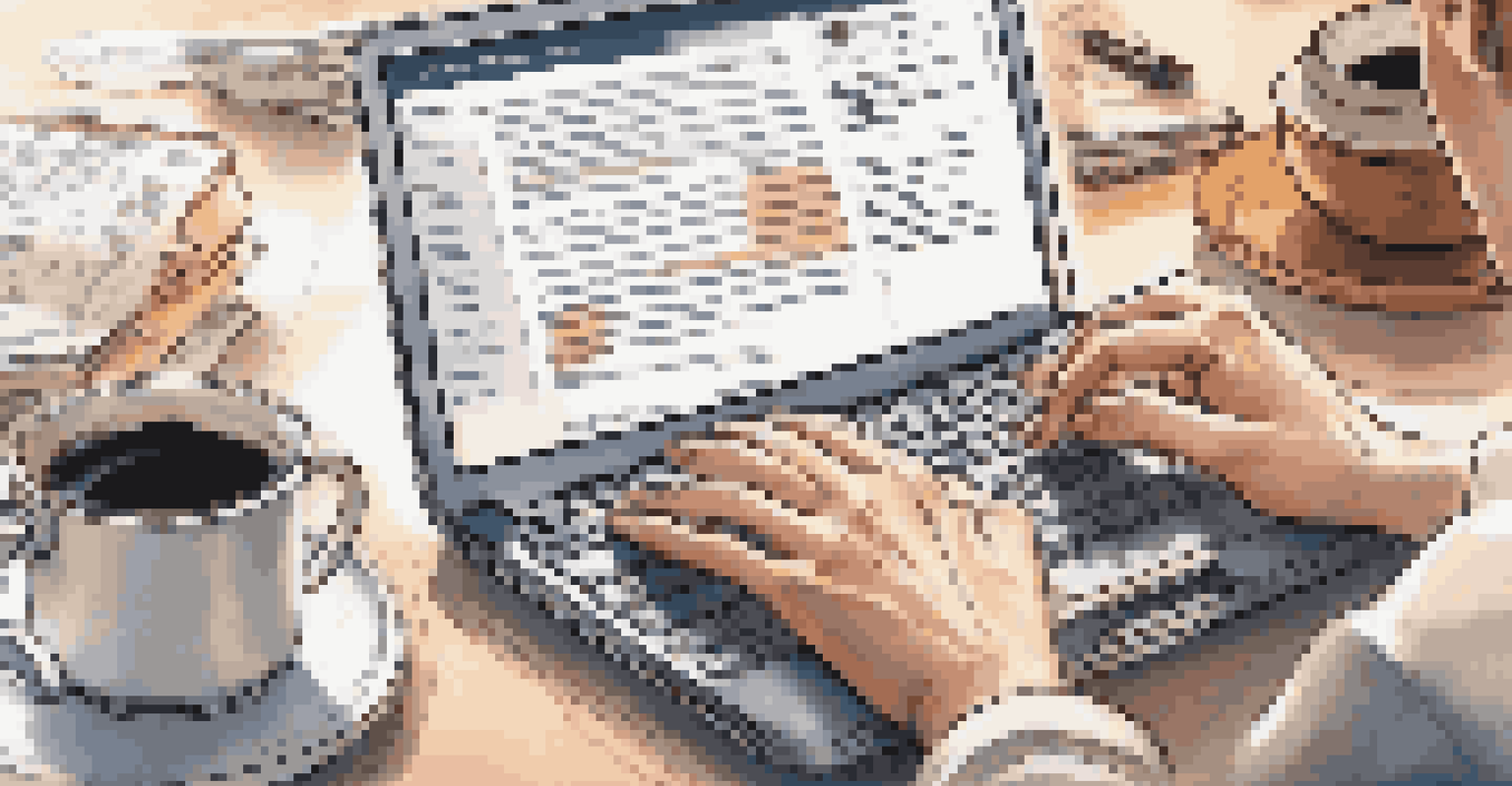 A close-up of hands typing on a laptop with compliance documents and a coffee cup in the background, warmly lit to convey professionalism.