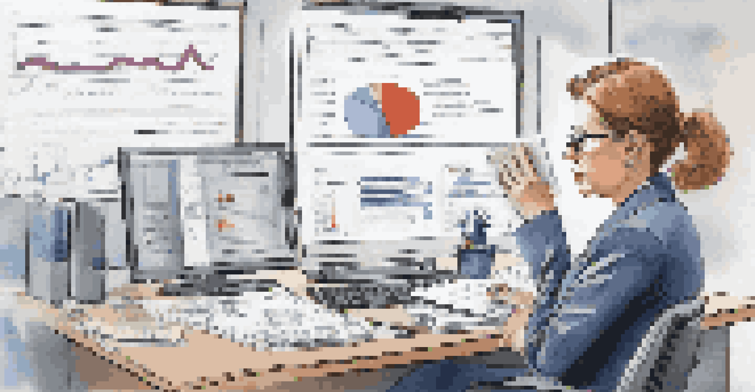 An auditor in a modern office reviewing data integrity reports with graphs displayed on a screen.