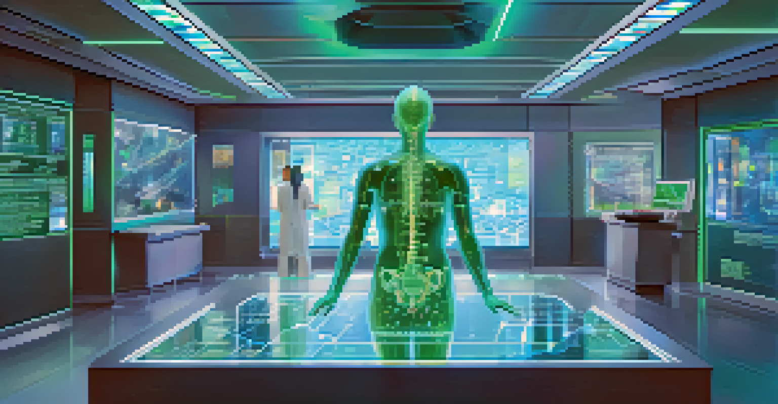 A holographic digital twin of a human body in a futuristic medical lab, surrounded by floating data points and graphs in blue and green lighting.