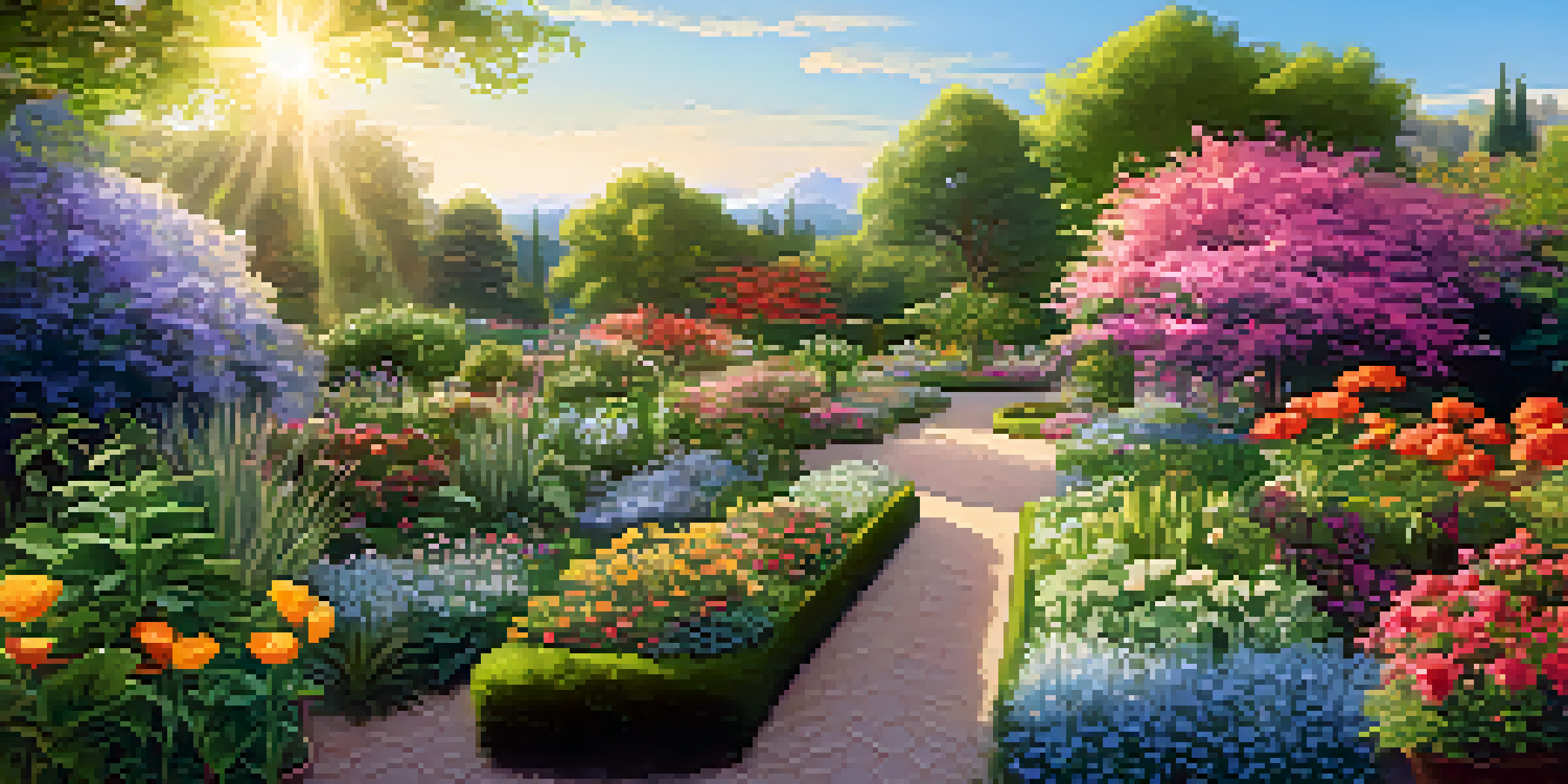 A vibrant digital garden with colorful flowers and green plants under a clear blue sky, representing community and collaboration.