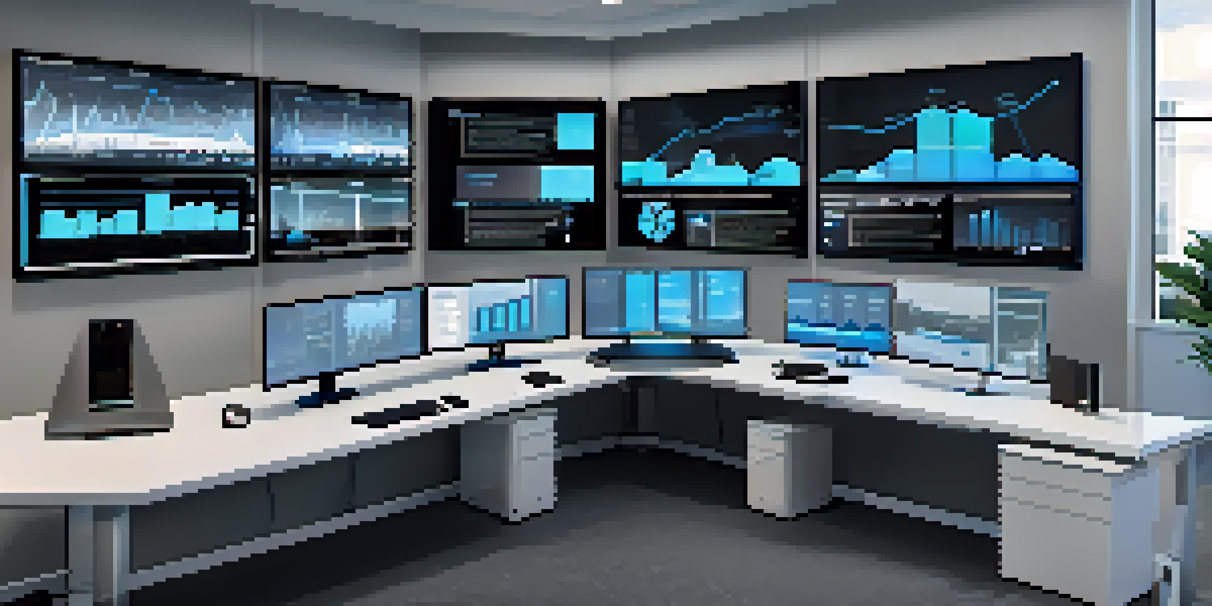 A modern office with multiple screens showing real-time data analytics and graphs, illuminated by soft blue lighting.