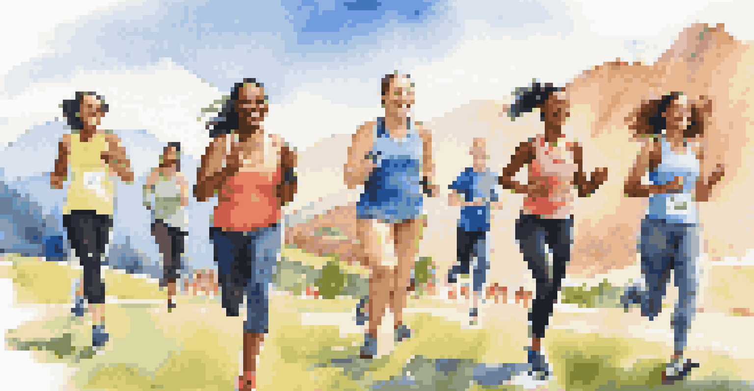 A group of friends with fitness trackers running together in a scenic outdoor setting.