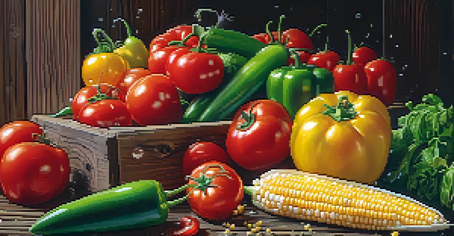 A close-up of fresh vegetables like tomatoes, bell peppers, and corn on a wooden table, showcasing their vibrant colors and freshness.