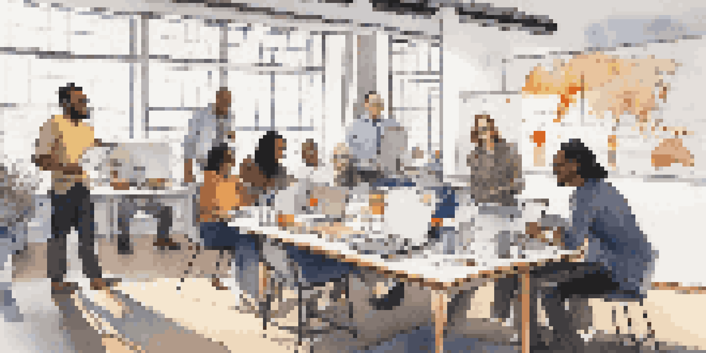 A diverse team of researchers collaborating around a table with laptops and notebooks, bright sunlight streaming in through large windows.