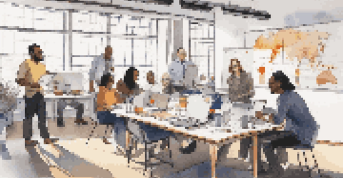 A diverse team of researchers collaborating around a table with laptops and notebooks, bright sunlight streaming in through large windows.