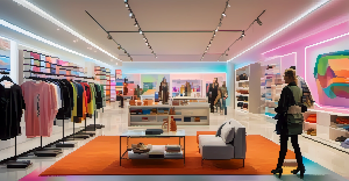 A bright and modern retail store with customers using augmented reality to view virtual displays of clothing and furniture.