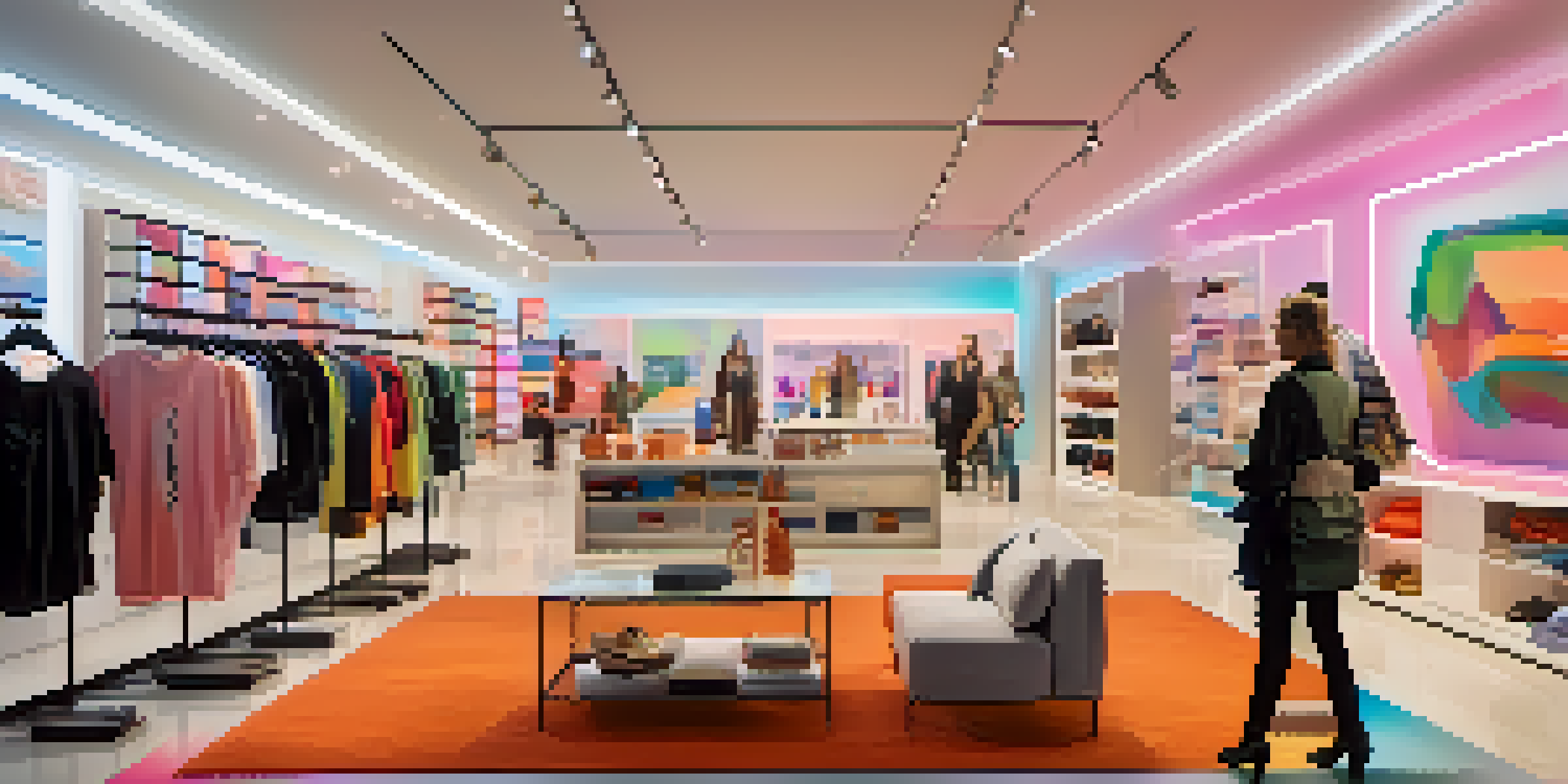 A bright and modern retail store with customers using augmented reality to view virtual displays of clothing and furniture.