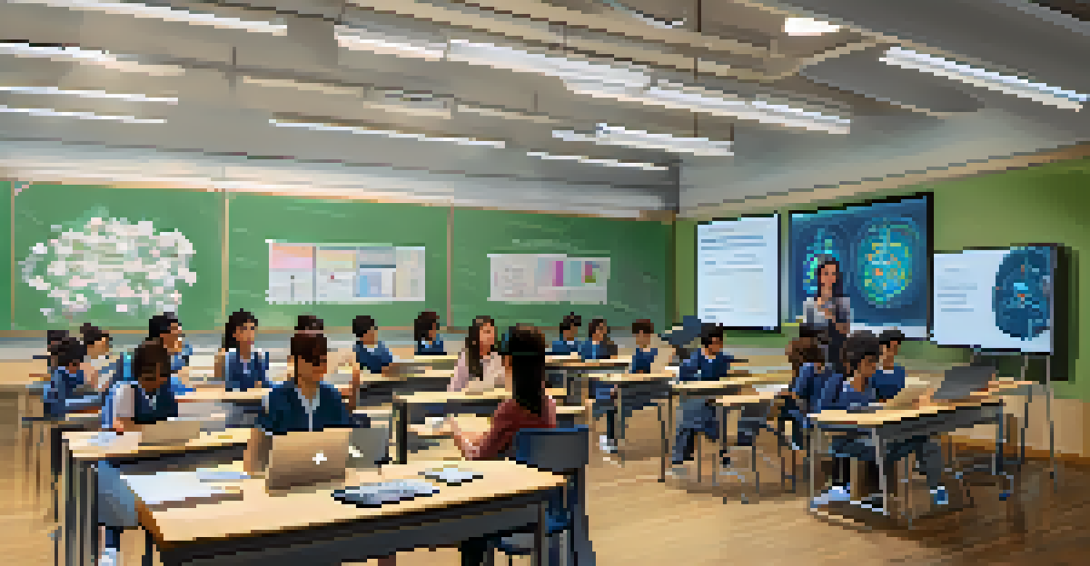 A classroom where an instructor teaches students about AI ethics, with modern technology and diverse students engaged.