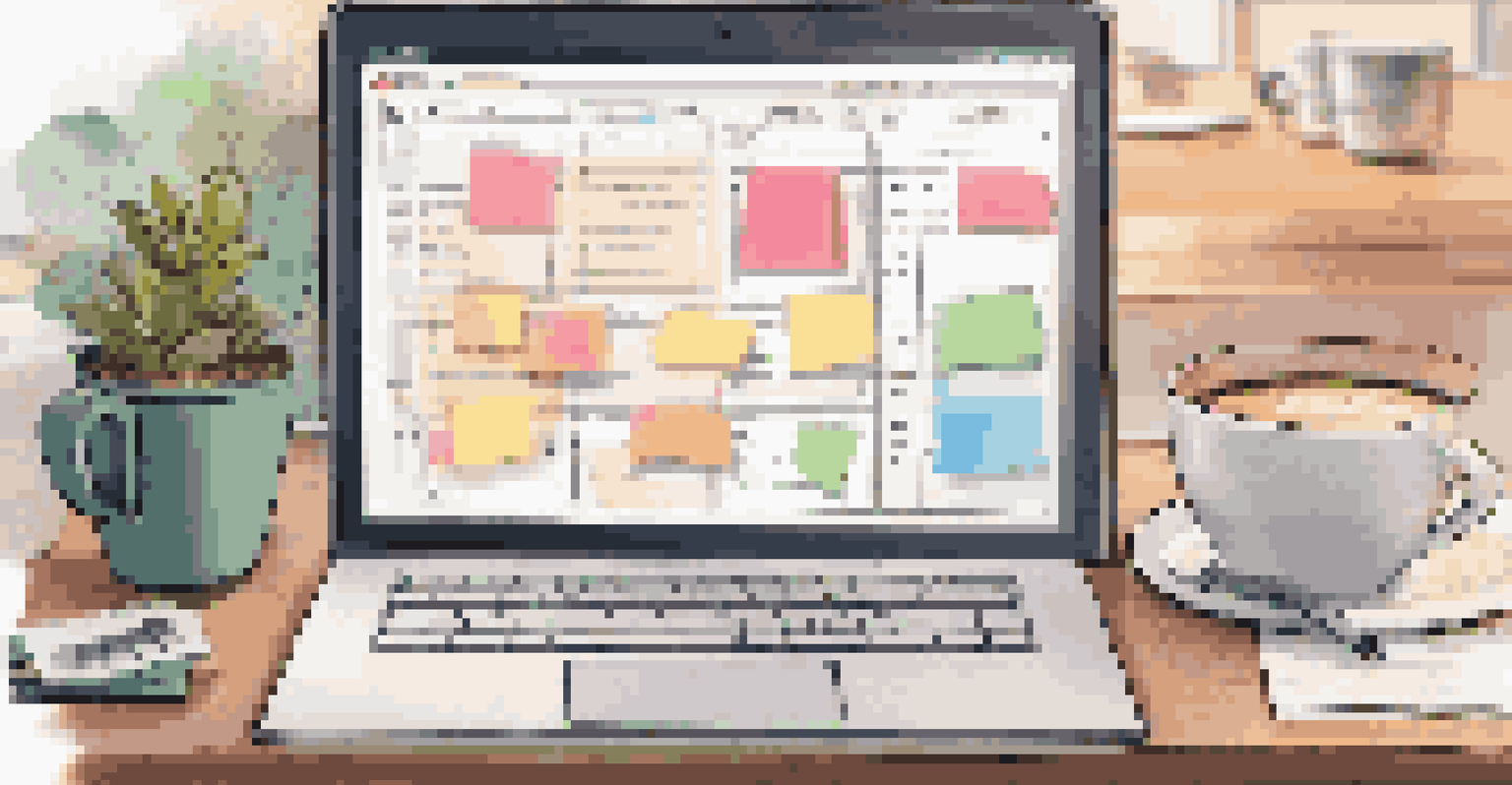A digital sprint planning board on a laptop screen in a cozy workspace with a cup of coffee.