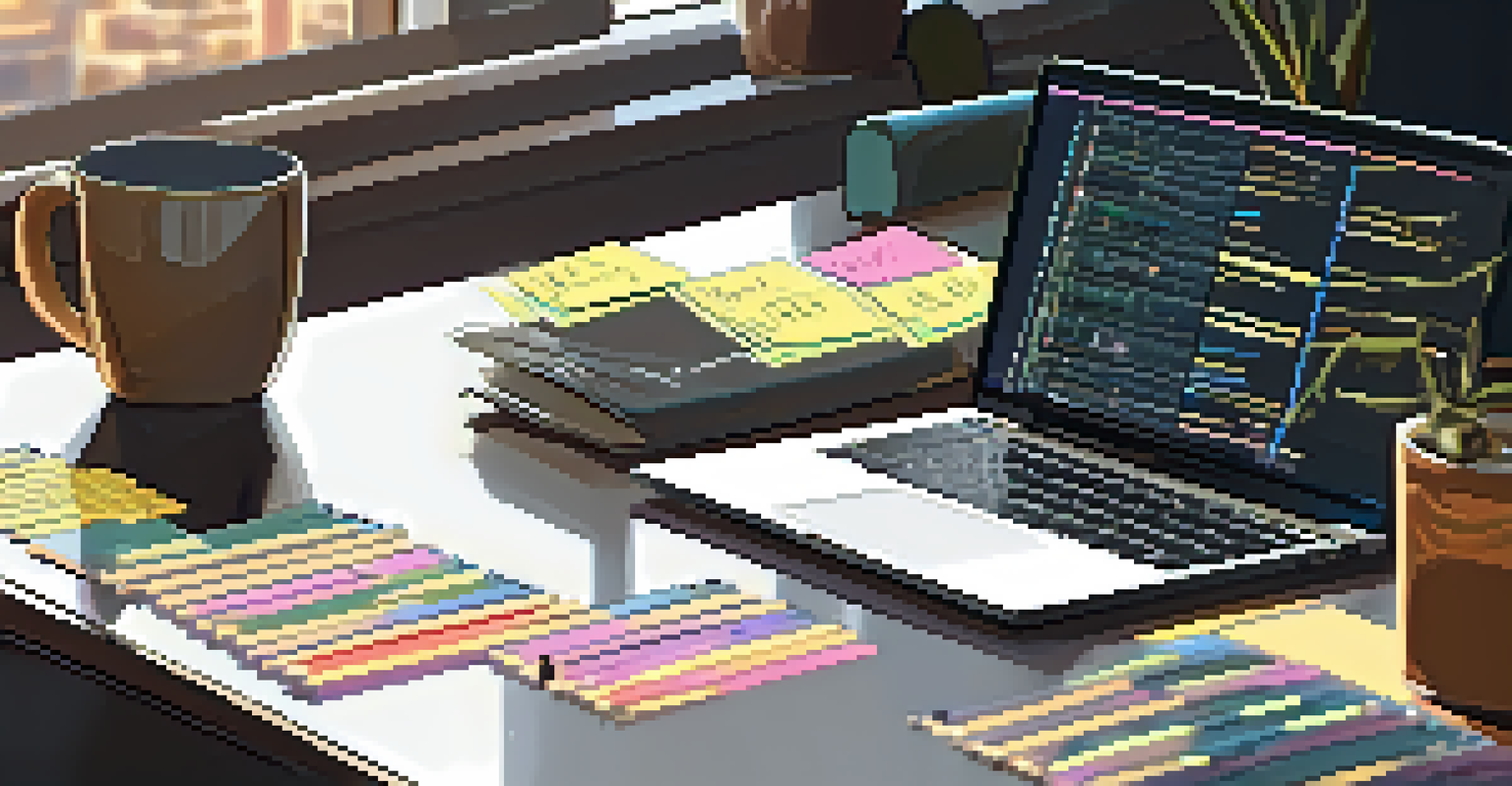 Close-up of a developer's hands on a laptop keyboard with code on the screen and sticky notes nearby.