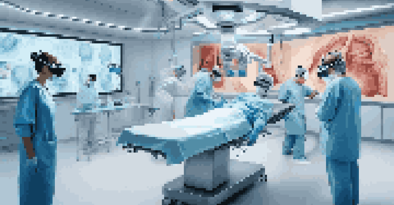 Healthcare professionals using virtual reality headsets to practice surgery in a realistic virtual operating room.