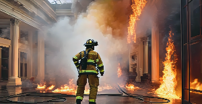A firefighter in virtual reality gear, immersed in a simulation of a burning building with realistic flames and smoke.