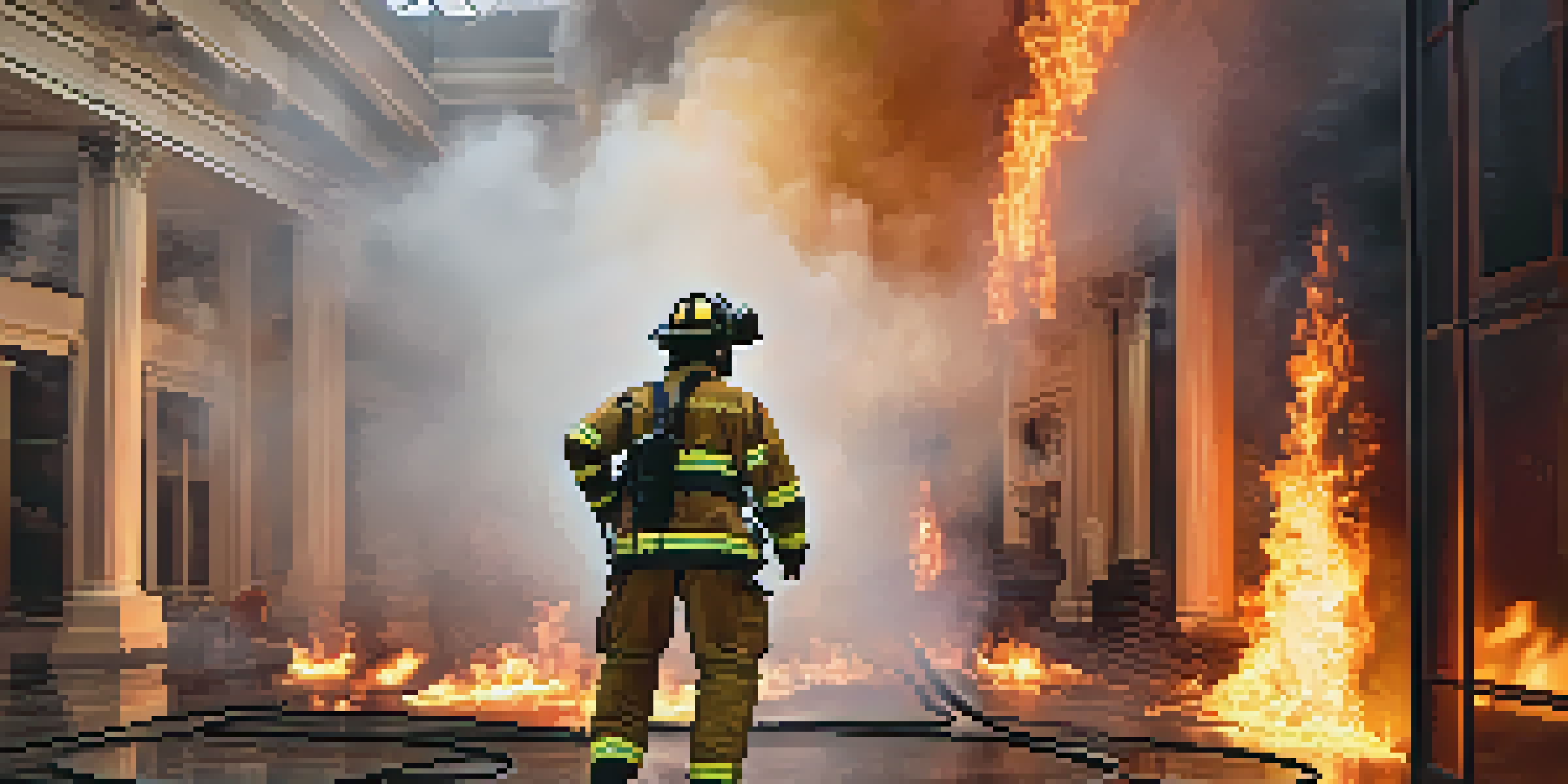 A firefighter in virtual reality gear, immersed in a simulation of a burning building with realistic flames and smoke.