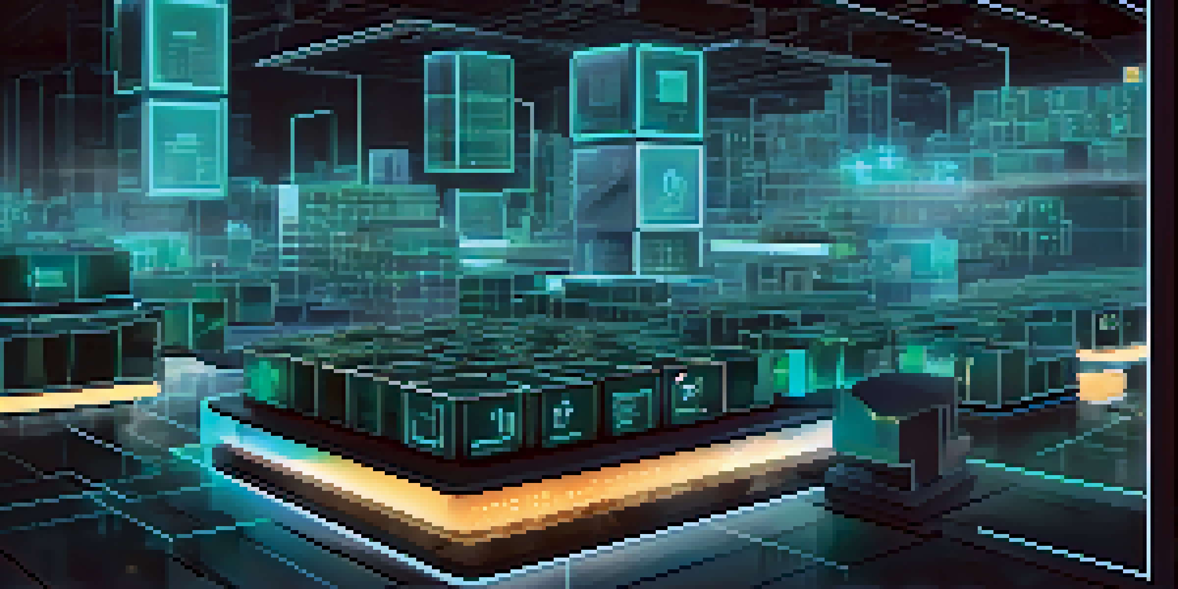 An artistic representation of blockchain technology with interconnected blocks and icons related to supply chains, illuminated in blue and green against a dark background.