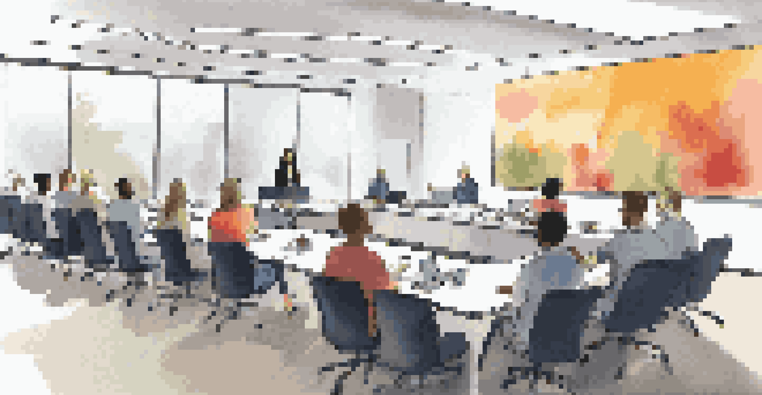 Employees attending a training session on communication tools in a modern conference room.