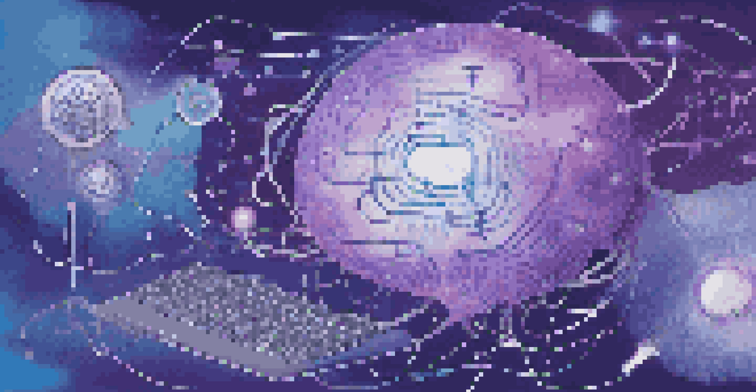 An abstract representation of natural language processing with shapes, lines, and text bubbles in a digital gradient background.