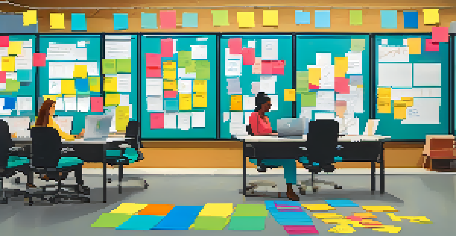 A vibrant Kanban board filled with colorful sticky notes in a casual office, with team members collaborating in the background.