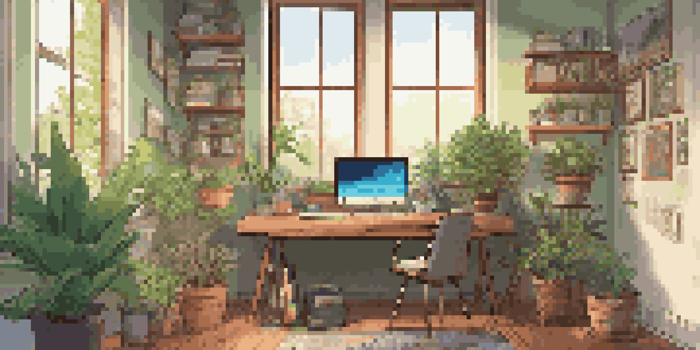 A cozy home office featuring a wooden desk with a laptop displaying game development software, art sketches, and a green plant, with colorful game concept art on the walls.