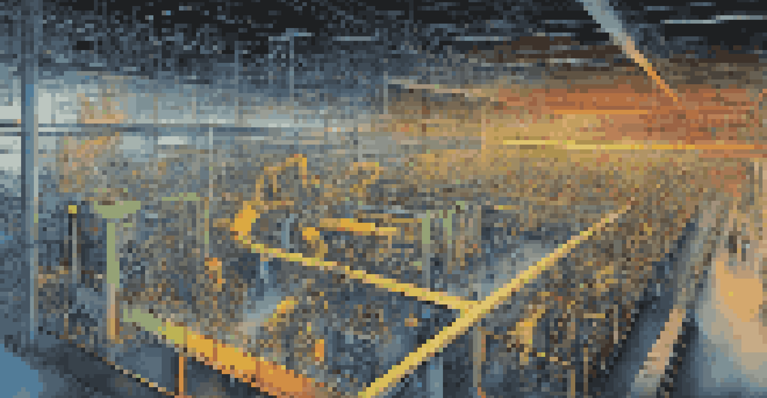 A conceptual representation of AI algorithms analyzing machine performance in a busy factory setting, with a neural network graphic overlay.