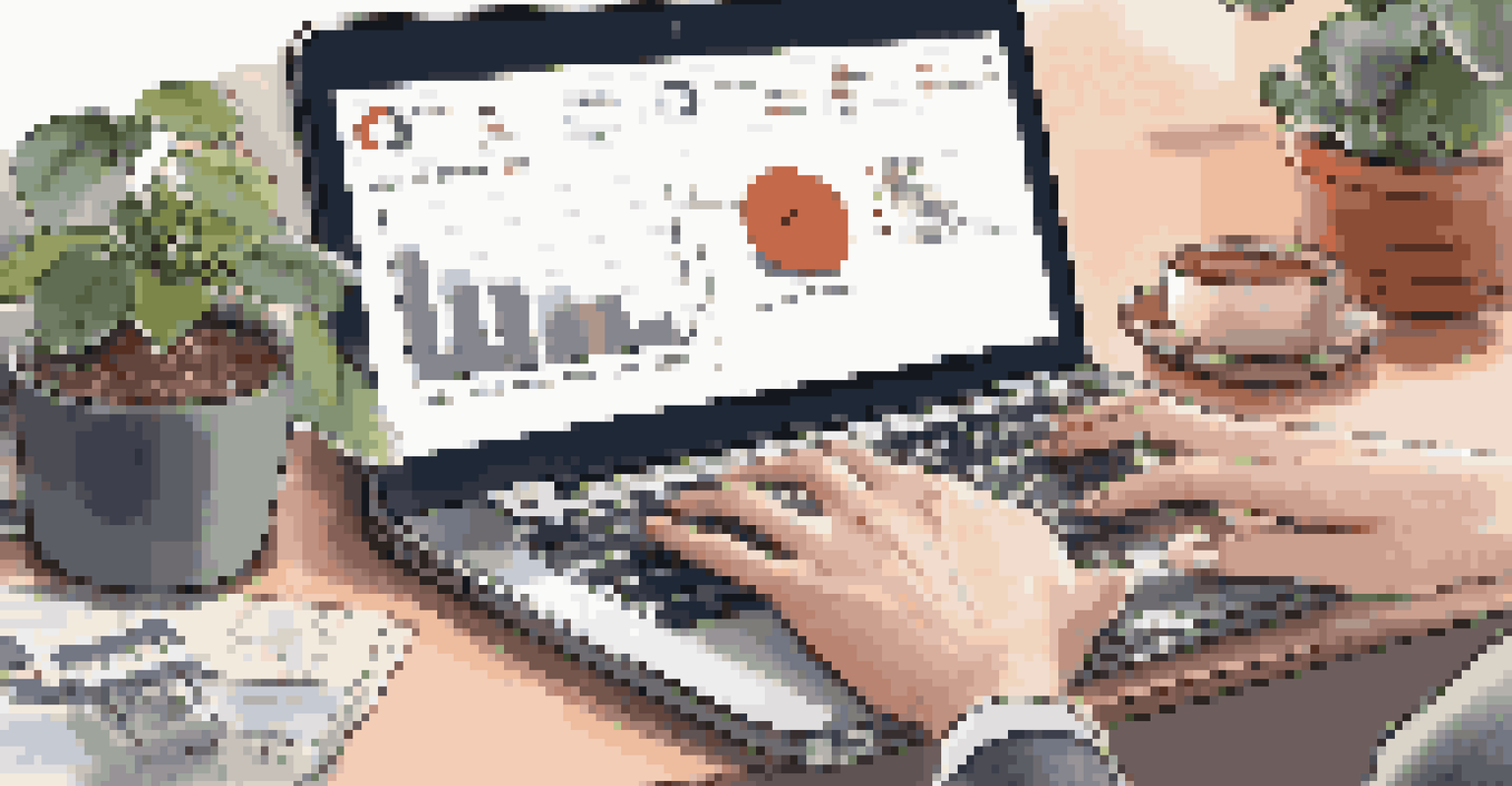 Close-up of hands typing on a laptop with charts and graphs on the screen, surrounded by a cup of coffee and a notepad.