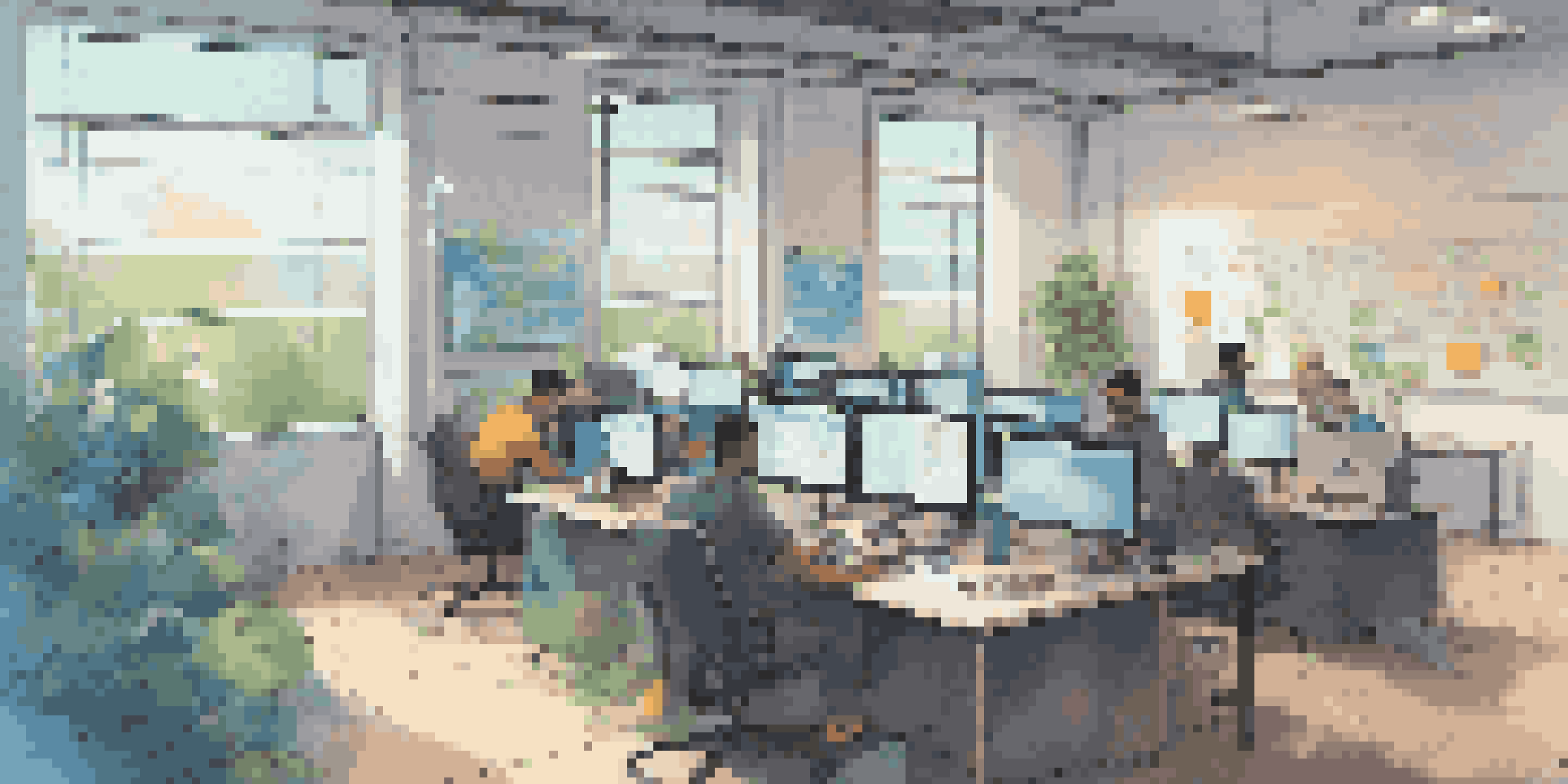A busy mobile app development office with developers working together, laptops open, and a screen showing code, illuminated by natural light.