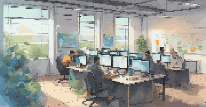 A busy mobile app development office with developers working together, laptops open, and a screen showing code, illuminated by natural light.