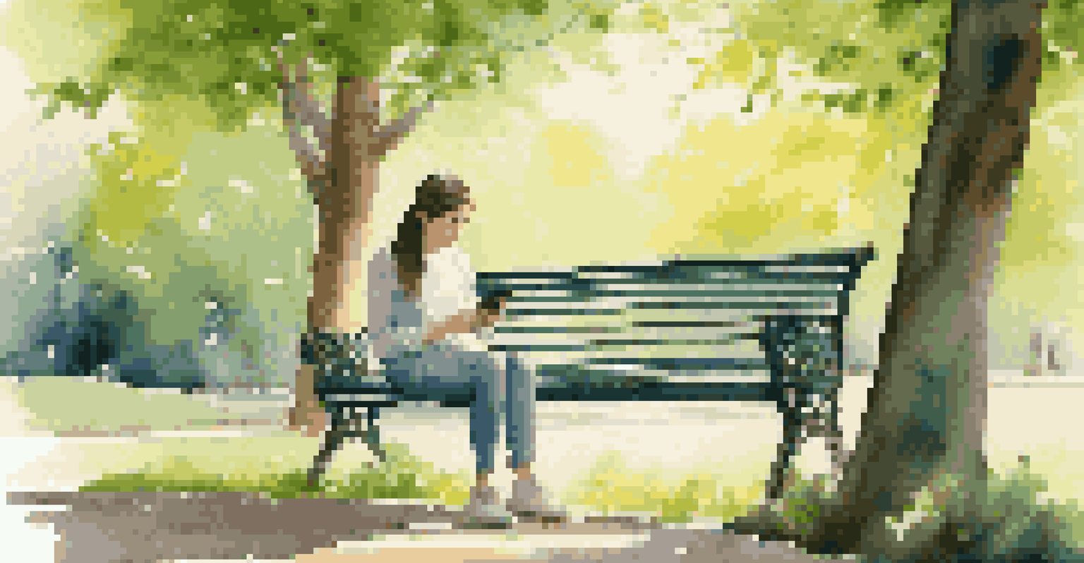 A young woman in a park sitting on a bench, focused on her smartphone, surrounded by nature and sunlight.