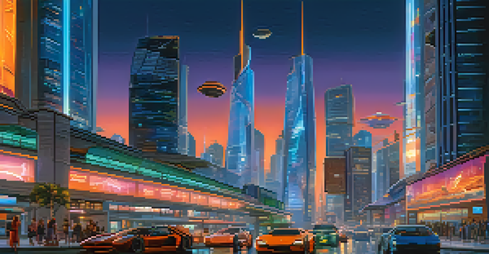 A vibrant futuristic cityscape at dusk with illuminated skyscrapers, neon lights, and flying cars.