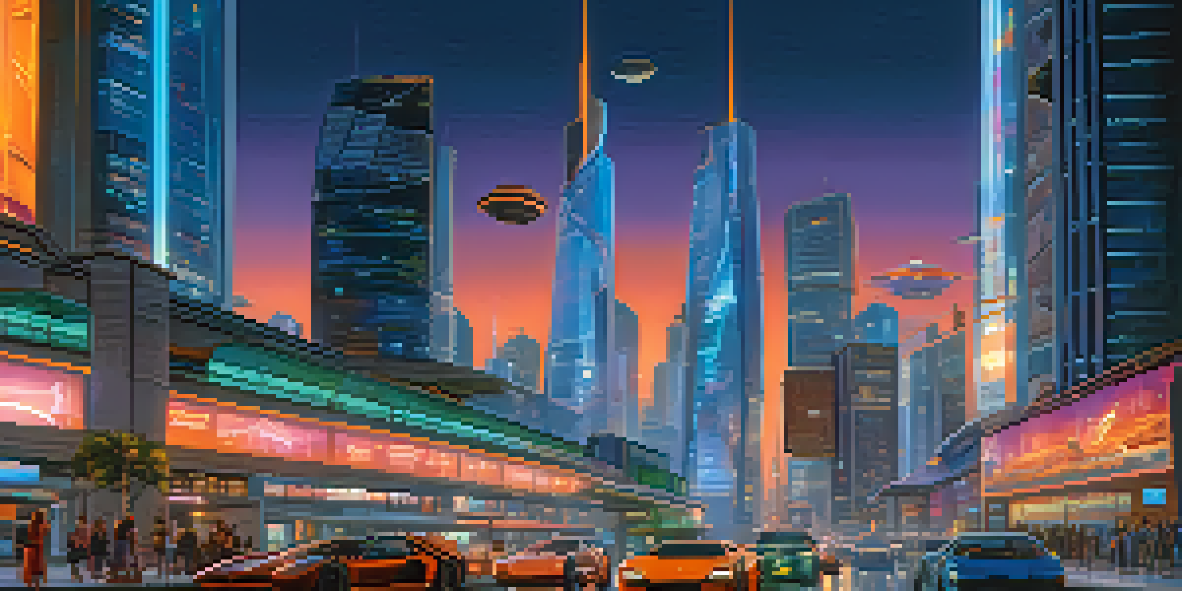 A vibrant futuristic cityscape at dusk with illuminated skyscrapers, neon lights, and flying cars.