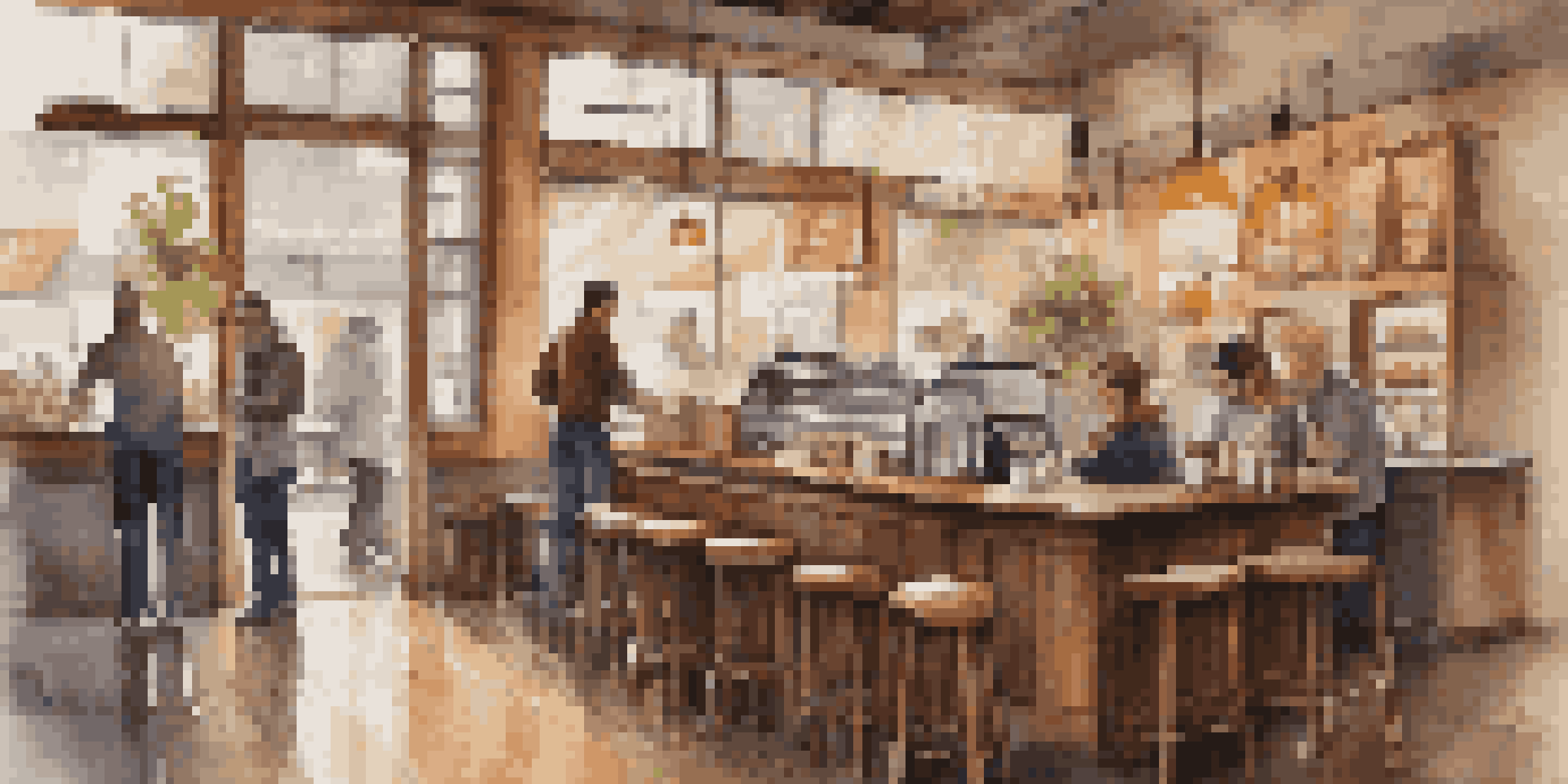 A warm and inviting coffee shop with wooden furniture and a barista making latte art, while customers chat at tables on a rainy day.