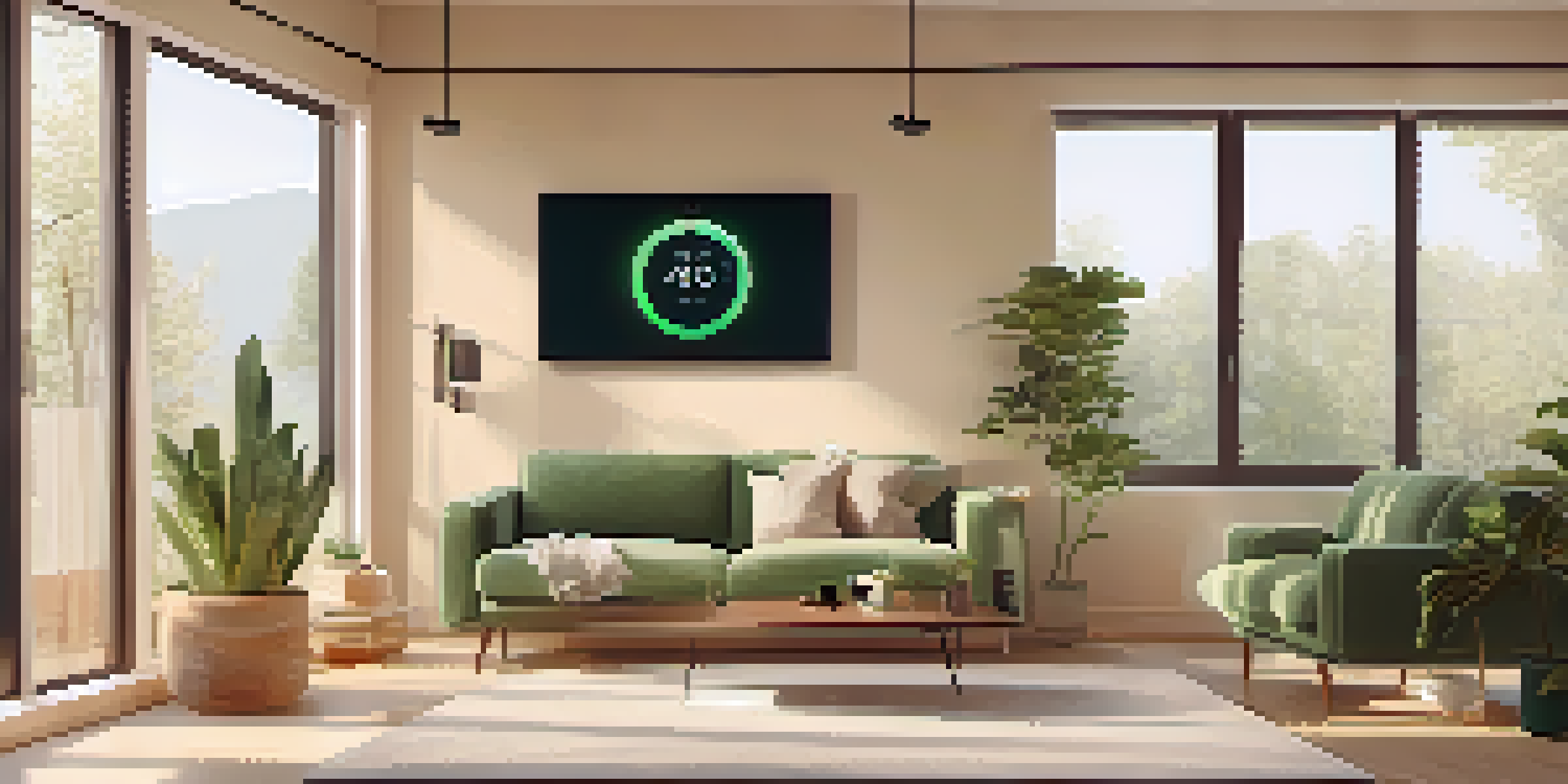A stylish living room filled with modern IoT devices, illuminated by natural sunlight.