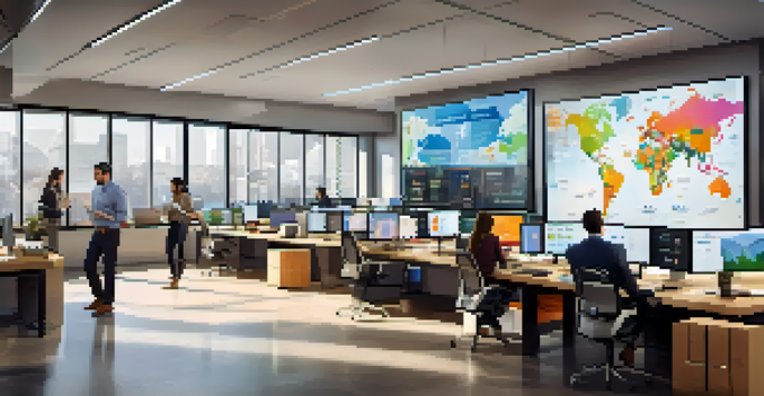 A diverse team working in an e-commerce office with digital maps and analytics on display.