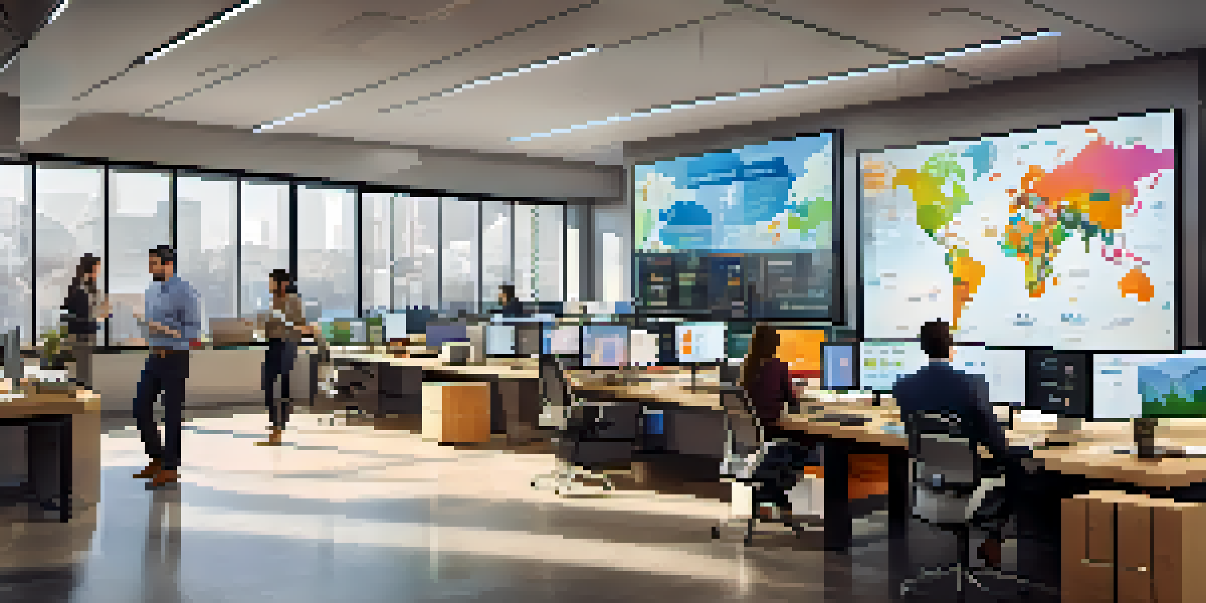 A diverse team working in an e-commerce office with digital maps and analytics on display.