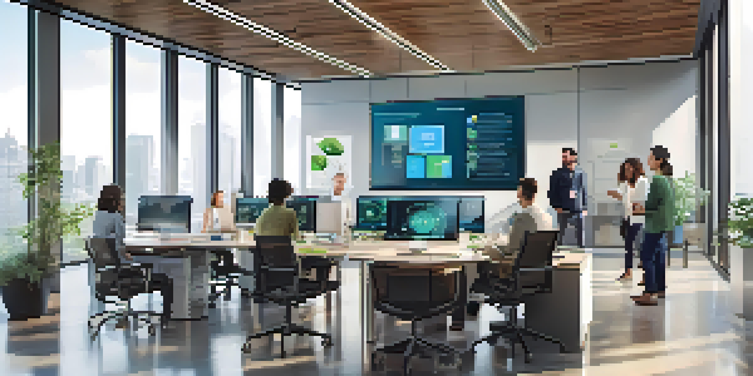 A bright office environment where diverse professionals collaborate with digital screens showing RPA workflows.