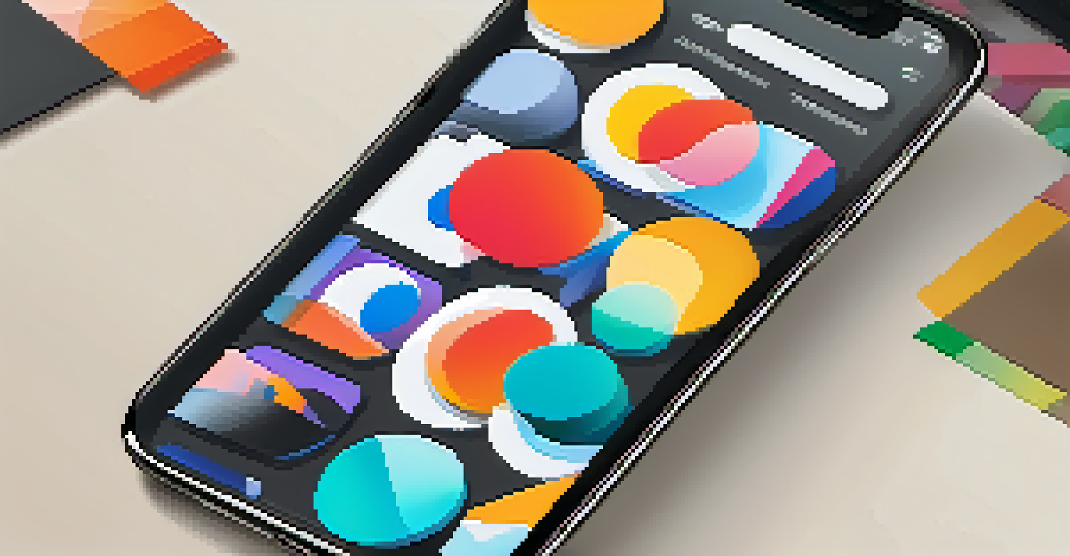 A modern app icon design on a smartphone screen, featuring bold colors and geometric shapes, set against a minimalistic background.