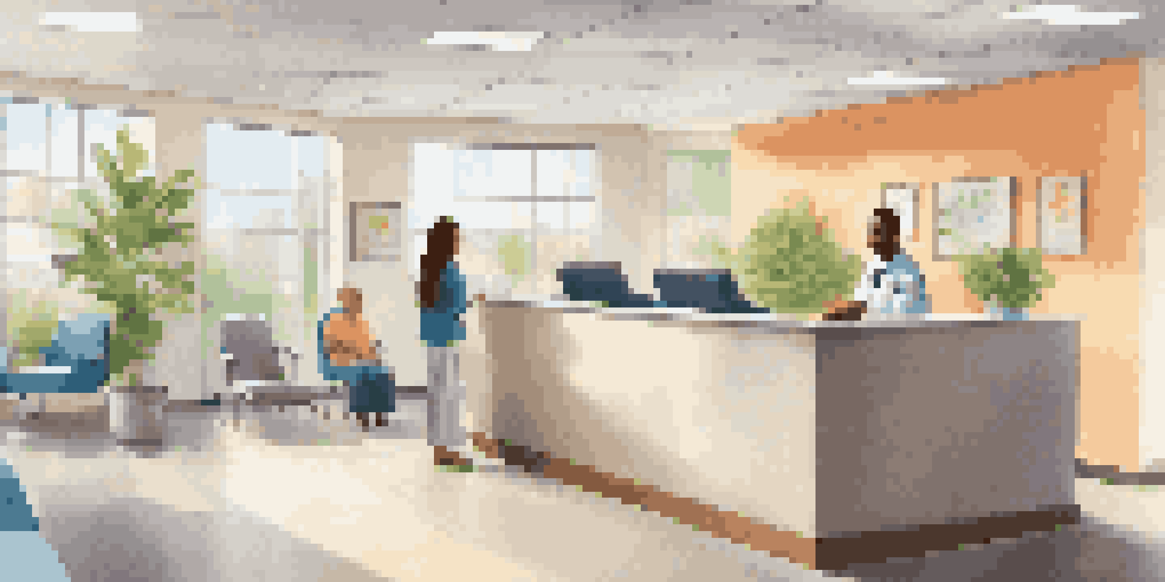 A modern healthcare clinic reception area with a friendly receptionist and diverse patients, featuring colorful artwork and bright natural lighting.