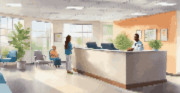 A modern healthcare clinic reception area with a friendly receptionist and diverse patients, featuring colorful artwork and bright natural lighting.