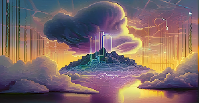 A digital landscape featuring a cloud with a glowing lock symbol, illustrating data encryption in a serene atmosphere.